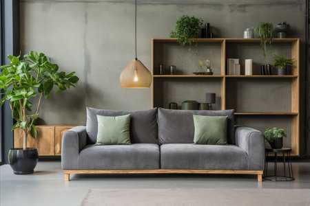 Scandinavian Greenery. Modern Living Room with Green Sofa, Chair, and Bookshelf Against Wallの素材