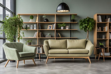 Scandinavian Greenery Living Room with Green Sofa, Chair, Bookshelf, and Modern Interior Designの素材