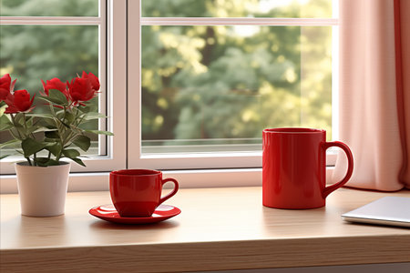 Vibrant Red Ceramic Mug and Cup Set Adorning a Charming Windowsill with Captivating Window Backdropの素材