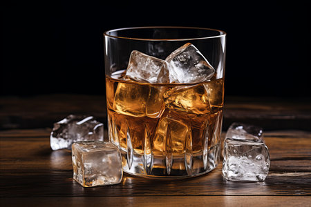 Whiskey glass with ice cubes and golden beverage, perfect for a refined drink,の素材