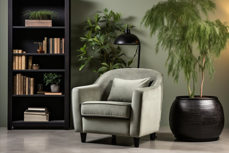 Modern Scandinavian Living Room Interior with Green Sofa, Chair, and Bookshelf against Green Wallの素材