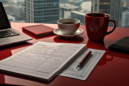 Cozy home office workspace with laptop, documents, coffee, and decor in living roomの素材