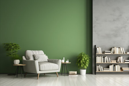 Scandinavian Living Room. Green Sofa, Chair, and Book Shelf in a Modern Greenery-Filled Interiorの素材