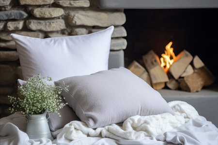 Modern Loft Bedroom with Fireplace, Brick Wall, Light Pillows, and Cozy Bedspreadの素材