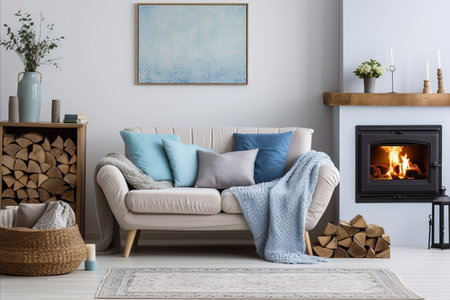 Contemporary Loft-Style Bedroom with Comfy Sofa, Fireplace, Brick Wall, and Stylish Decorの素材