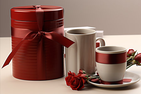 Valentines Day Gift with Red Ribbon, Mug, Coffee, and Red Rose for Romantic Celebrationの素材