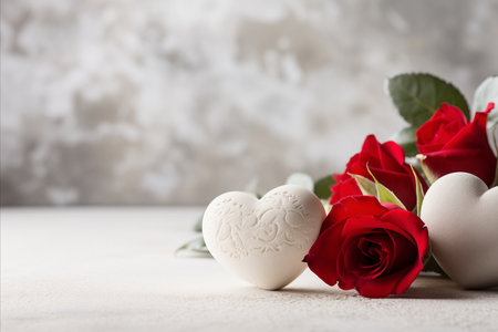 Romantic White Heart and Beautiful Red Rose on Soft Light Background for Valentines Day Celebrationの素材