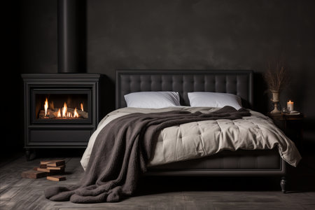 Modern loft bedroom with fireplace, bed, pillows, and brick wall interior designの素材