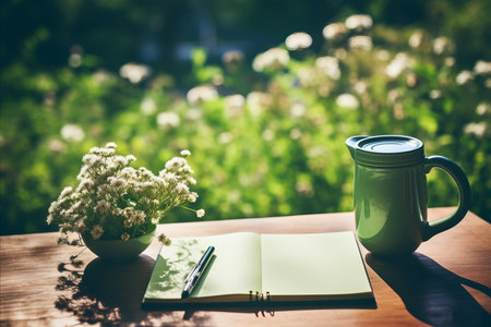 Open notebook, pencil, and a cup of coffee on lush green grass background on a sunny dayの素材