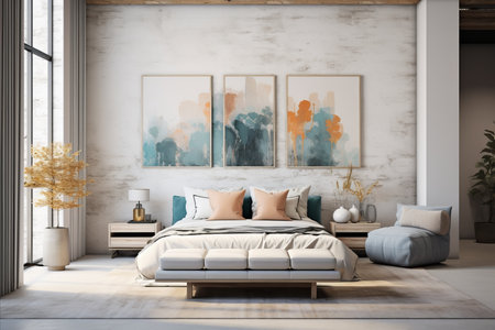 Modern loft bedroom interior with bed, pillows, and paintings on brick wall backgroundの素材