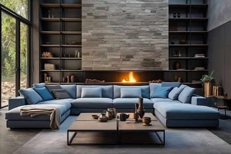 Spacious Loft Interior with Large Blue Sofa, Elegant Coffee Table, and Cozy Fireplaceの素材