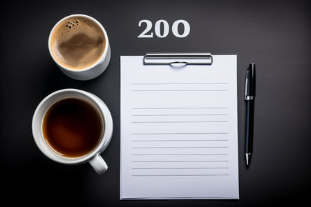 Top View of Notebook, Pen, Coffee Cup and Mug on Dark Background with Steam Risingの素材