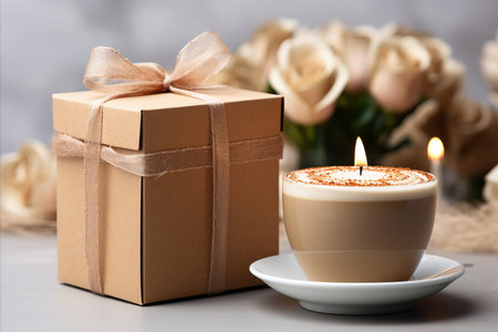 Valentines Day gifts with red ribbon, white roses, and coffee on dark backgroundの素材