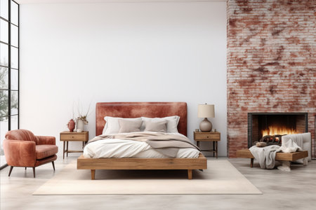 A bed with a light pillow and a bedspread near the fireplace. Interior design of a modern loft-style bedroom with a brick wall. on a light backgroundの素材