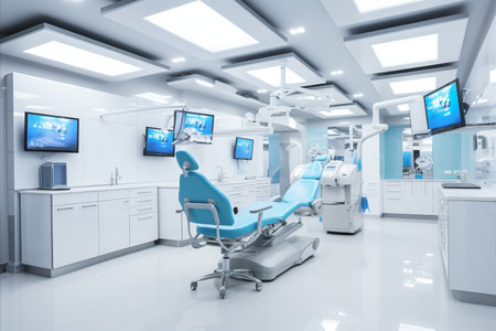 State-of-the-art dental clinic featuring modern equipment and a refreshing, well-lit atmosphereの素材