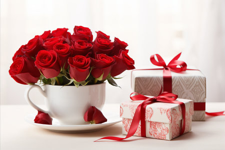 Romantic Valentines Day Gift. Vibrant Red Roses, Ribbon, and Coffee Cup on Light Backgroundの素材