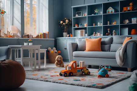 Bright and Colorful 5-7-Year-Old Boys Room Interior with Modern Furniture and Toysの素材
