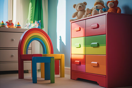 Bright 5-7-Year-Old Boys Room. Modern Furnishing, Variety of Toys, and Sunlightの素材