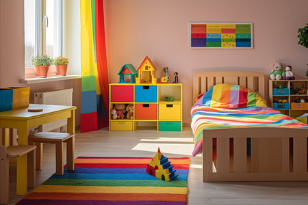 Bright and Colorful 5-7-Year-Old Boys Room Interior with Modern Furniture and Toysの素材