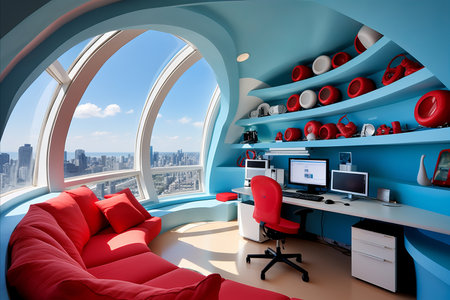 Bright and Colorful Childrens Room with Modern Furniture and Toys on a Sunny Dayの素材