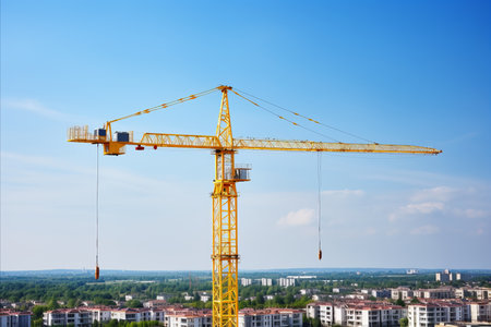 Yellow construction crane at bustling building site with clear blue skyの素材