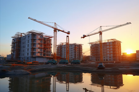 Rapid building construction. fascinating process of skyscrapers taking shape with towering cranesの素材