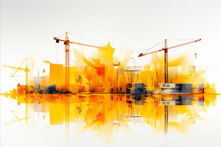 Yellow construction crane erecting a skyscraper with a reflective glass exteriorの素材