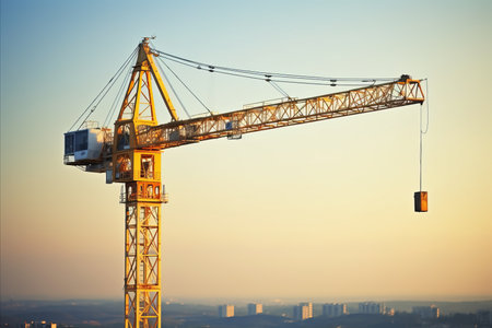 Vibrant yellow construction crane surrounded by bustling activity on a dynamic building siteの素材