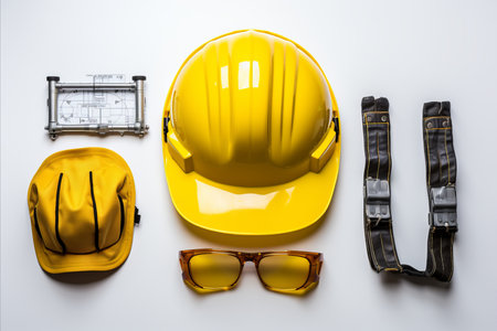 Construction work. yellow or blue helmet and tools top-down view on light backgroundの素材