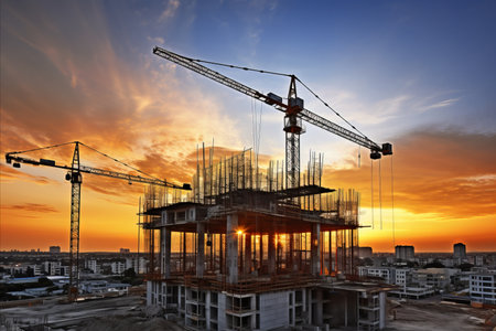 Construction site with buildings under construction and tower cranes in progressの素材