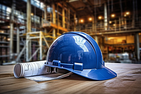 Construction blueprint with helmet and tools for building work and construction planningの素材