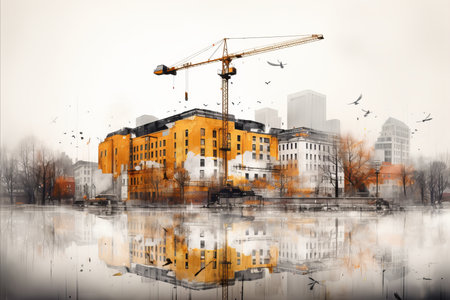 Stunning yellow construction crane building impressive skyscraper with captivating mirrored facadeの素材