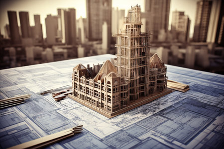 Detailed construction site blueprint. abstract concept of blueprints for an active construction siteの素材