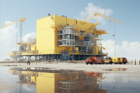Yellow construction crane erecting a magnificent tall building with a striking mirrored facadeの素材