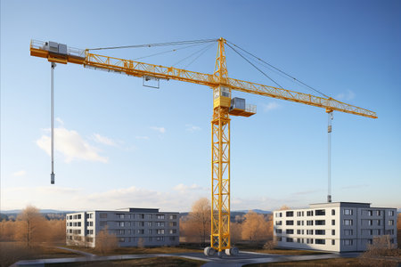 Yellow construction crane standing tall on a busy building site amidst construction activityの素材