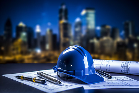 Architectural blueprint and construction tools for building work with safety helmetの素材