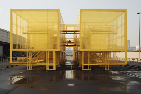 A yellow construction crane is building a tall building with a mirrored facadeの素材