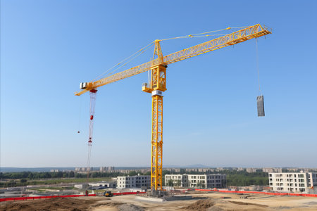 Yellow construction crane working on a building site amidst construction activitiesの素材