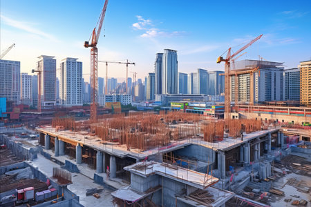 Building construction with cranes. stages and process of constructing tall structuresの素材