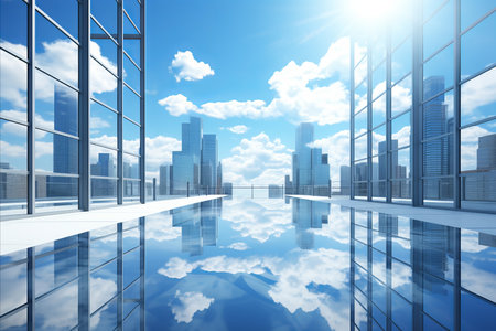 Glorious sunlit reflections. imposing high-rise skyscraper showcasing magnificent mirrored facadeの素材