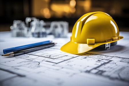 Construction blueprint with helmet, tools, and detailed plans for construction projectsの素材