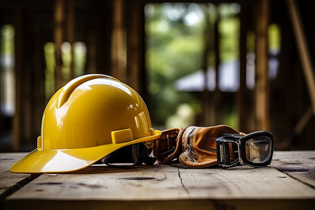 Construction blueprint with helmet and tools for efficient building project managementの素材
