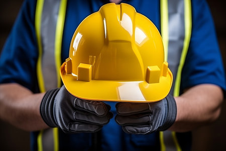 Construction scheme with yellow or blue helmet and tools, top view on light backgroundの素材