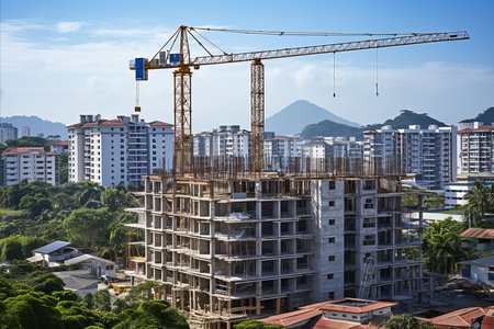 Efficient construction crane erecting a remarkable skyscraper amidst a bustling urban settingの素材