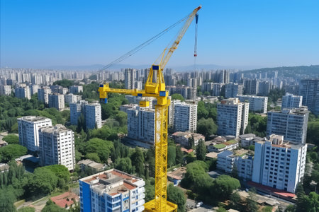 Close-up view of crane construction process for multi-storey building on a bright sunny dayの素材