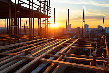 A large construction site on sunset, a construction site on sunset in close-up against the background of the setting sunの素材