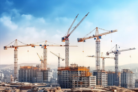 Construction progress. cranes building multi-storey structures on bright sunny dayの素材