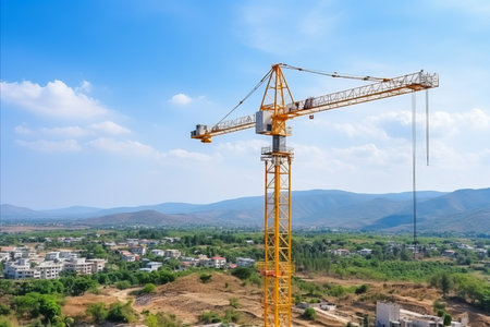 Construction of multi-storey building with cranes in close-up on a bright sunny dayの素材