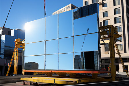 Mirrored high-rise under construction. building process with cranes and unfinished structureの素材