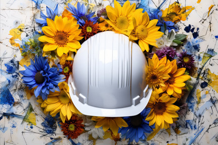Top-down view of construction scheme with yellow or blue helmet and tools on light backgroundの素材